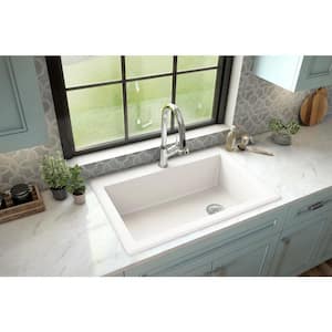 QT-670 Quartz/Granite 33 in. Single Bowl Top Mount Drop-In Kitchen Sink in White with Bottom Grid and Strainer