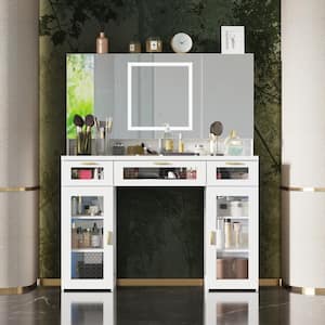 White Makeup Vanity Desk Dressing Table W/3 LED Lighted Mirrors, Cabinets, Glass Panel Drawers, Hidden Storage Shelves