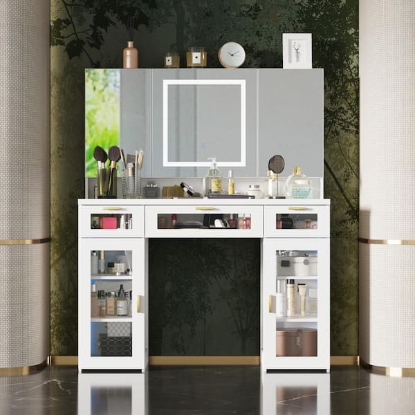 FUFU&GAGA White Makeup Vanity Desk Dressing Table W/3 LED Lighted Mirrors, Cabinets, Glass Panel Drawers, Hidden Storage Shelves