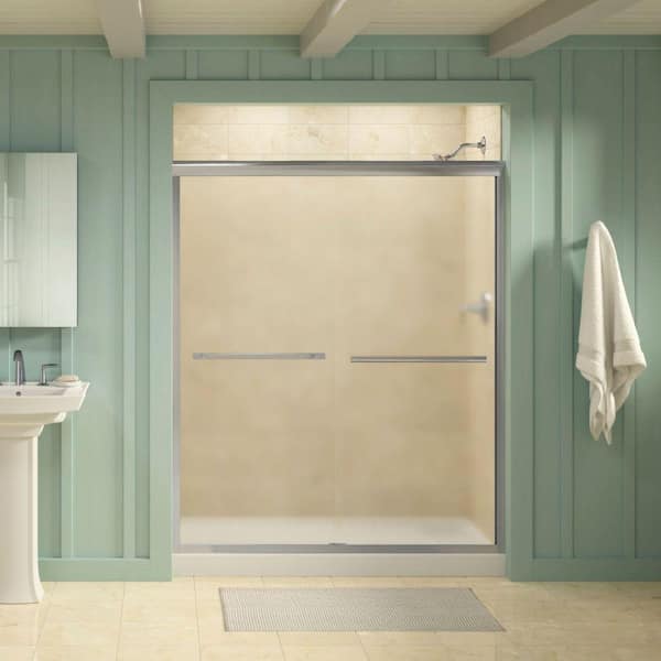 KOHLER Gradient 59-5/8 in. x 70-1/16 in. Semi-Frameless Sliding Shower Door in Bright Polished Silver with Frosted Glass