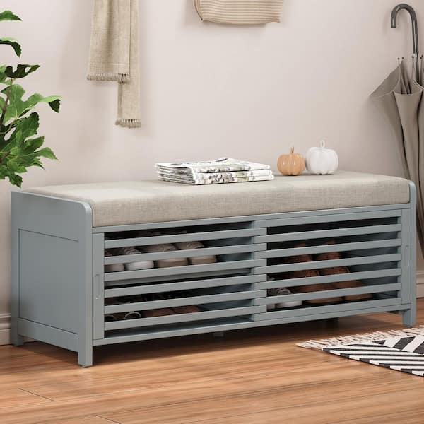 16.5 in. H x 43.3 in. W Gray MDF Shoe Storage Bench with Light Gray Cushion and Shutter Door
