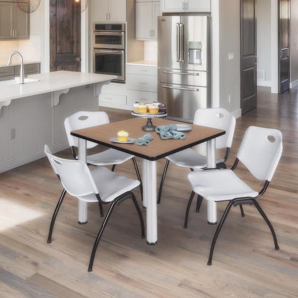 Kee 42 in. Noble Oak Square Breakroom Table Desk and 4 'M' Stack Chairs-Grey