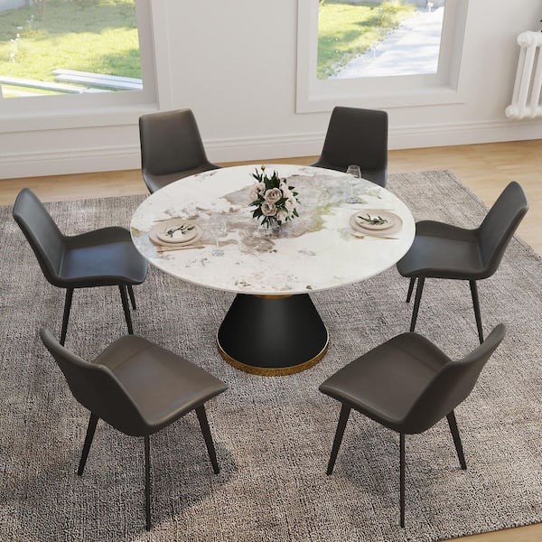 53 in. Pandora Sintered Stone Round Top Pedestal Black Metal Base Dining Table (Seats 6)