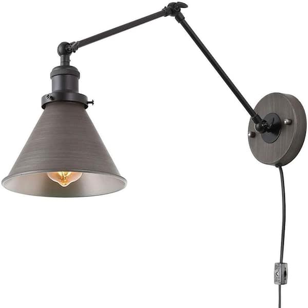 Rennnsan Brooklyn 1-Light Cone Shade Brushed Antique Silver with Black Industrial Style Swing Arm Wall Sconce