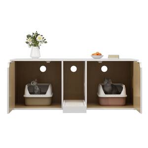 Hidden Cat Litter Box Enclosure Furniture, Cat Washroom End Table with Double Room and Litter Catch, Log with White