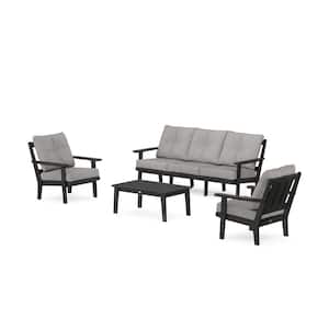 Oxford 4-Pcs Plastic Patio Conversation Set with Sofa in Black/Grey Mist Cushions