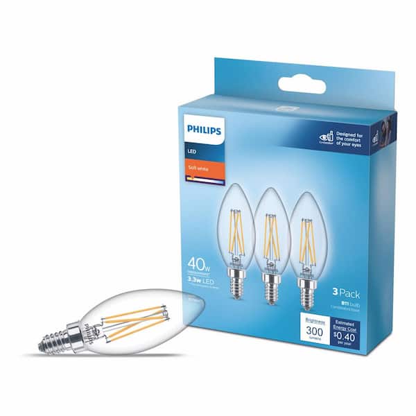 40-Watt Equivalent B11 Clear Glass Non-Dimmable E12 LED Light Bulb Soft White 2700K (3-Pack)