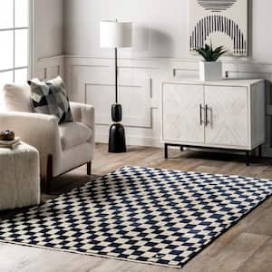 Dominique Abstract Checkered Fringe Navy 2 ft. 6 in. x 6 ft. 5 in. Runner Rug
