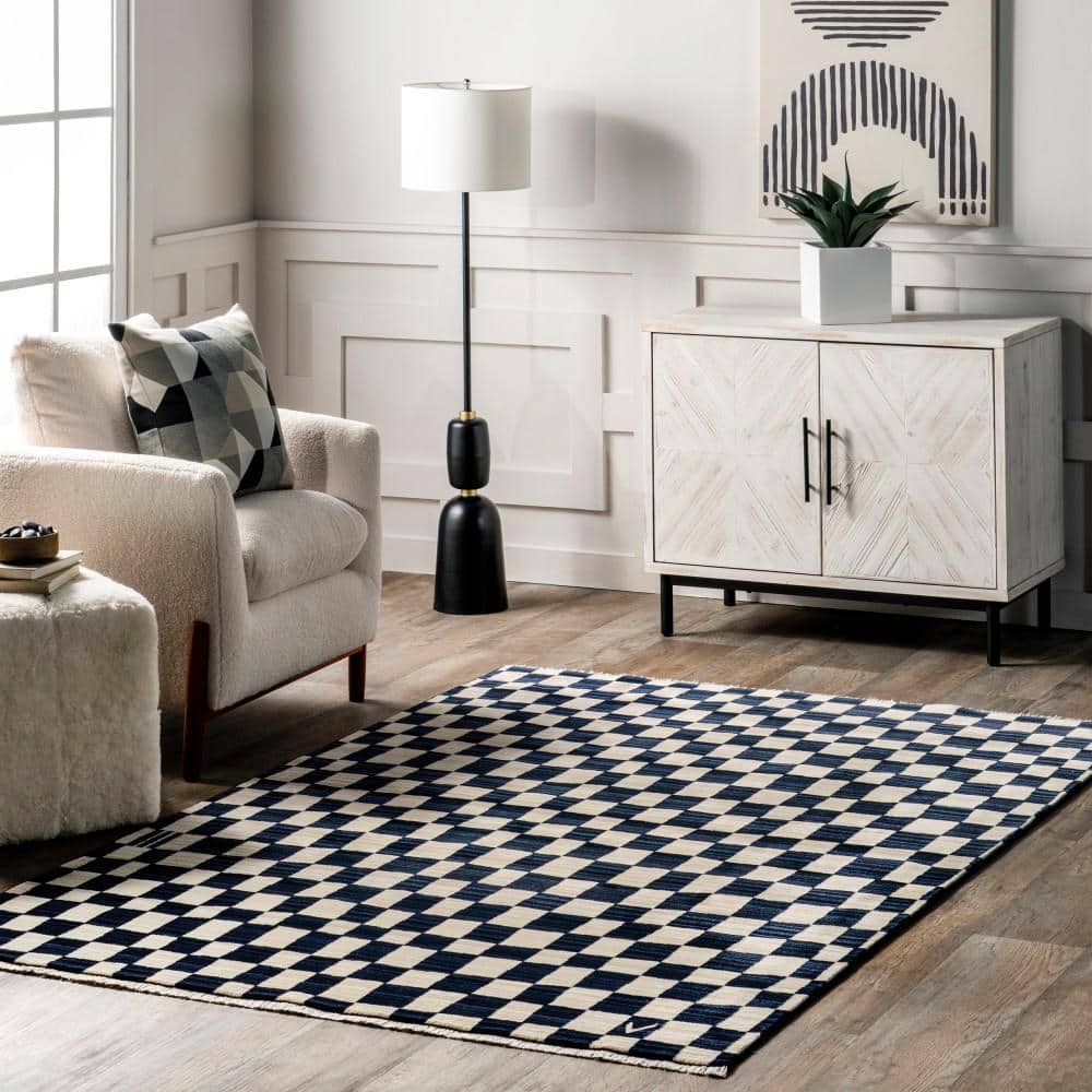 Navy and Beige Geometric Synthetic 8' x 10' Area Rug