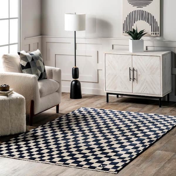 Dominique Abstract Checkered Fringe Navy 8 ft. x 10 ft. 2 in. Area Rug