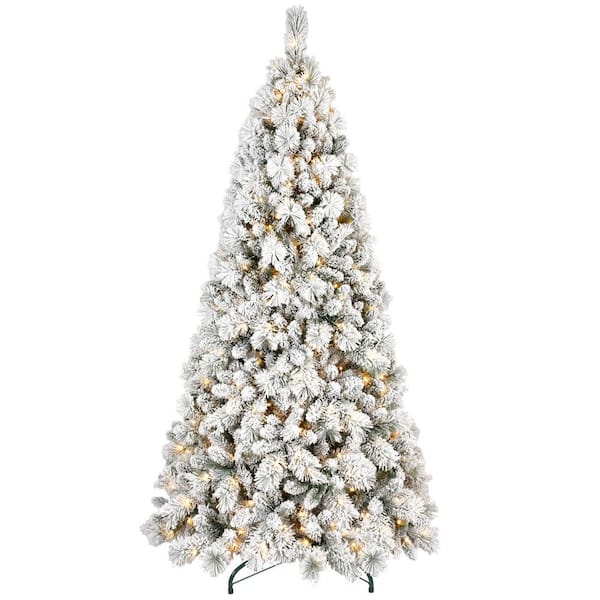 9FT Flocked Christmas Tree with 1964 Tips, 750 Warm White LED Lights, Snowy Branches, Hinged Design, Sturdy Metal Stand