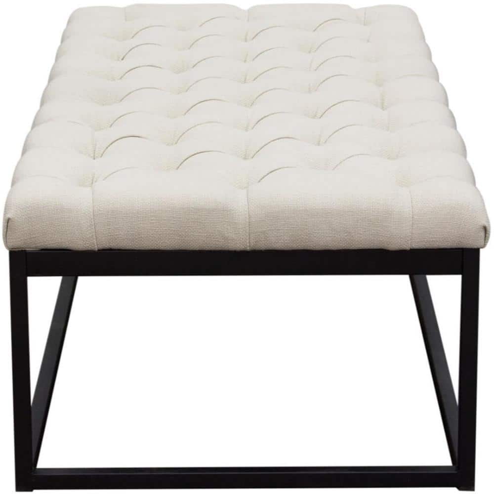 Large Beige Linen Upholstered Bench with Black Metal Base