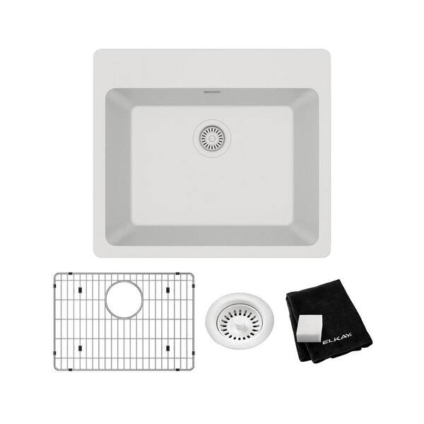 Elkay Quartz Classic White Quartz 25 in. Single Bowl Drop-In Kitchen Sink with Bottom Grid and Drain