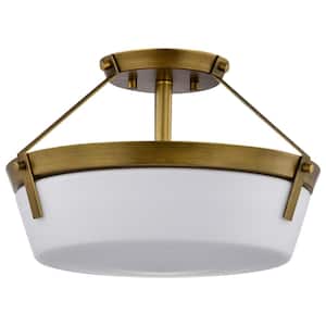 Rowen 14.63 in. 3-Light Natural Brass Traditional Semi-Flush Mount with Etched White Glass Shade and No Bulbs Included