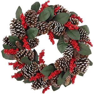 24 in. Artificial Christmas Wreath with Red Berries and Pinecones