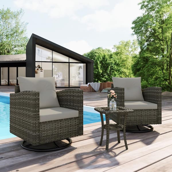 Uixe Rattan Wicker Gray-Brown 2-Piece Swivel Outdoor Rocking Chair Set and Side Table with Gray Cushions