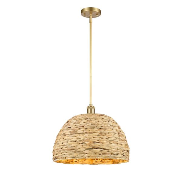 Innovations Woven Rattan 100-Watt 1-Light Satin Gold Shaded Mini Pendant Light with Rattan Shade