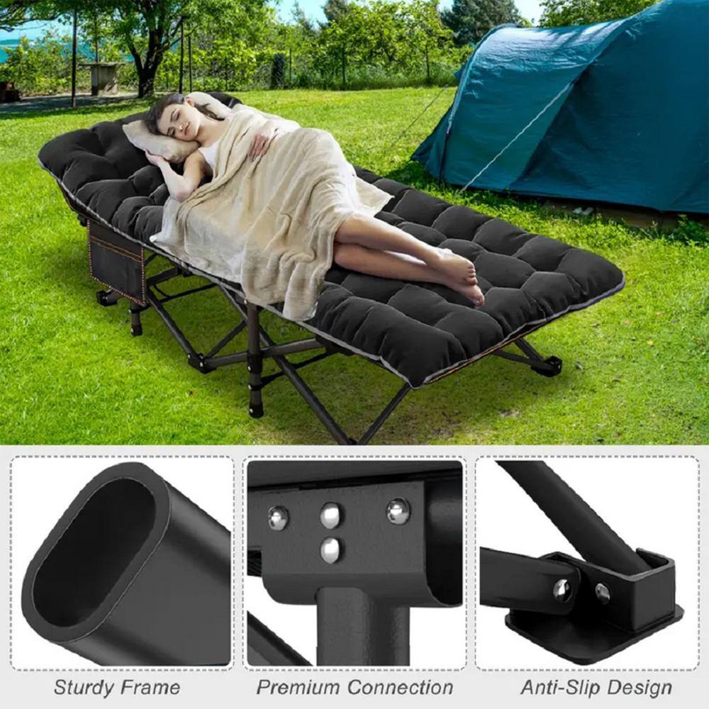 75 in. Black Aluminum Folding Camping Cot with Sponge Cushion