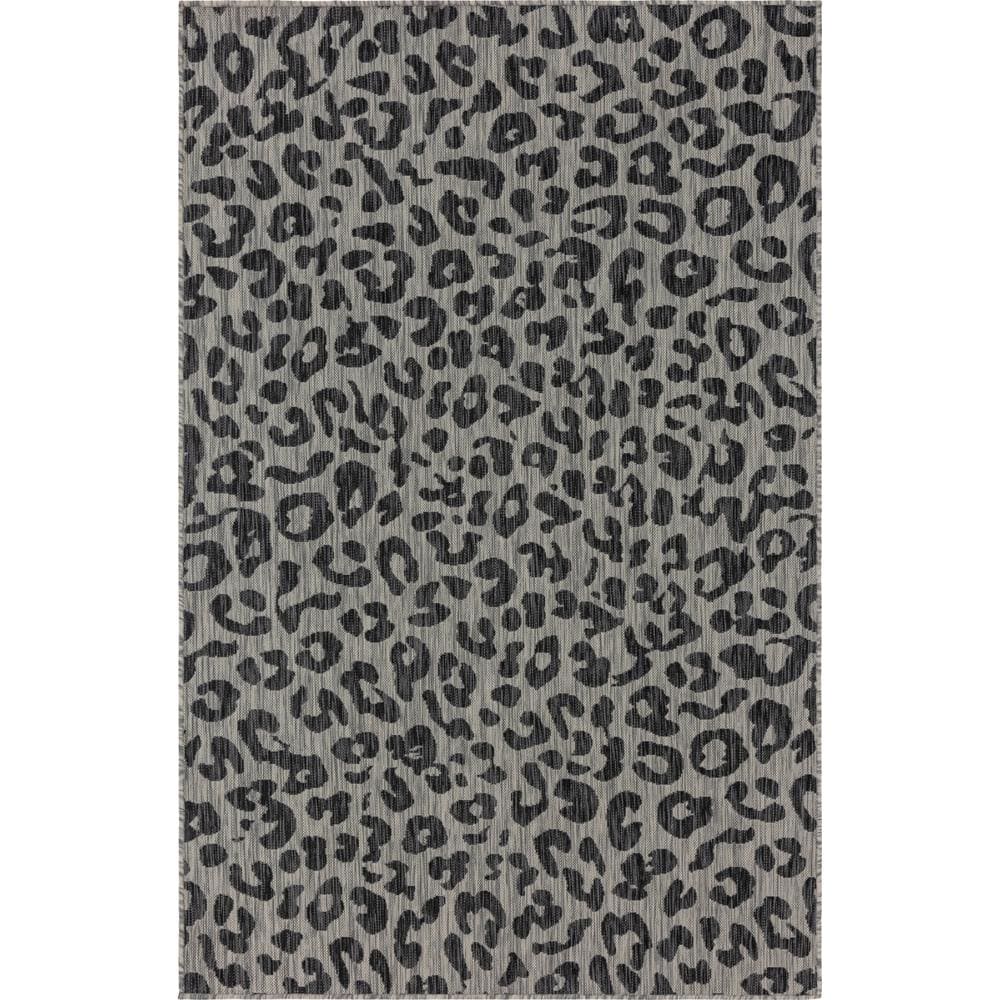 Light Gray and Black Leopard Print Outdoor Synthetic Rug