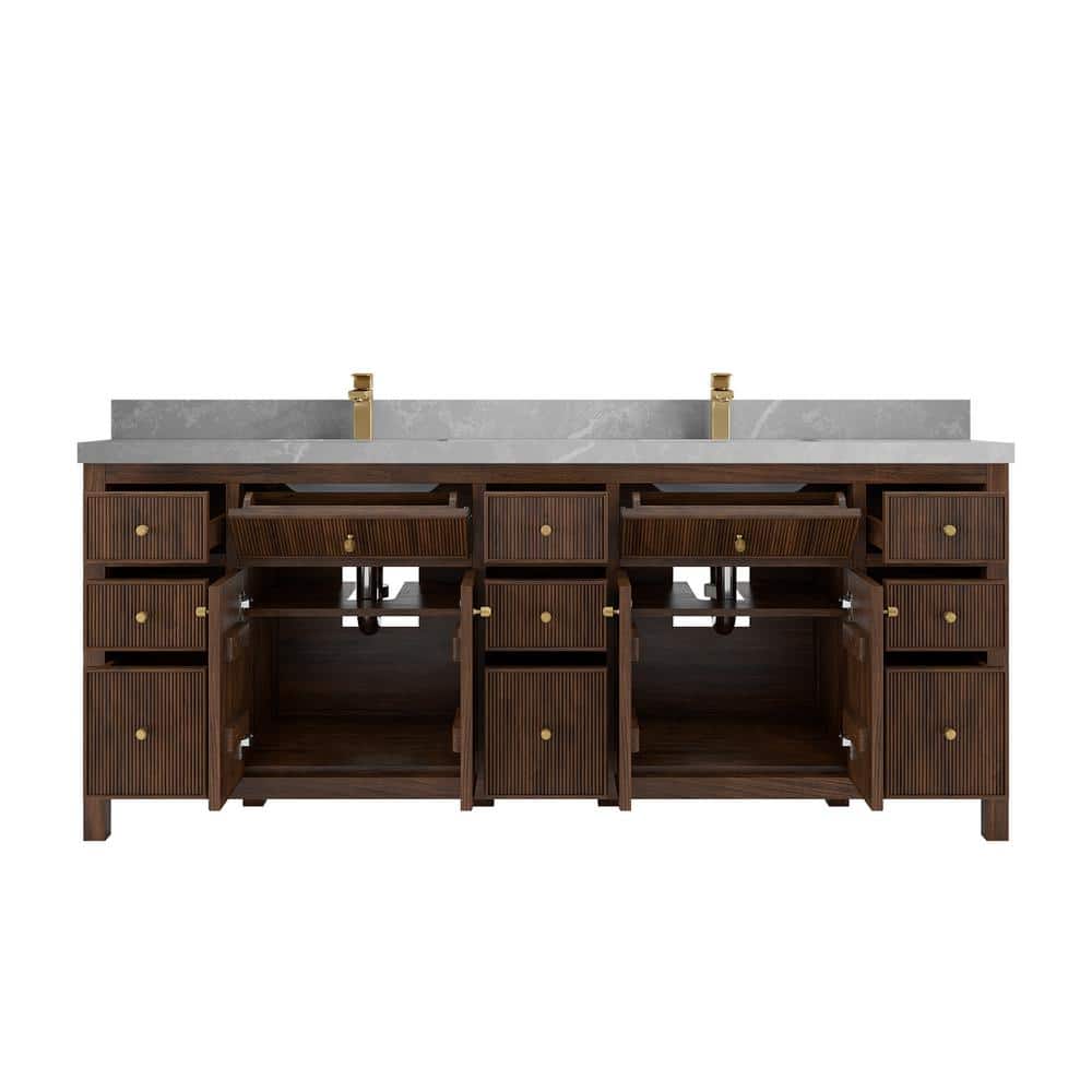 Sonoma 84" Dark Walnut Teak Double Sink Vanity with Pearl Gray Quartz Top