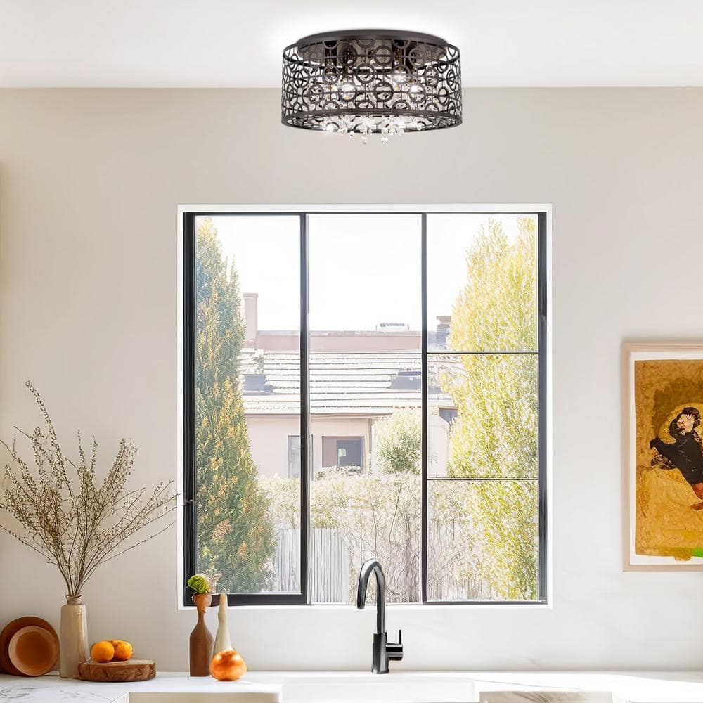 Brielle 15" Bronze Crystal Cage 4-Light Flush Mount Chandelier