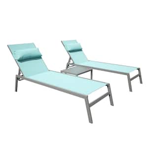 3 Pieces Metal Outdoor Adjustable Chaise Lounge, Aluminum Pool Lounge Chairs with Side Table for Poolside-Lake Blue