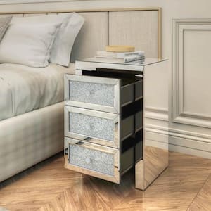 3-Drawer Silver Mirrored Nightstand Crystal Diamond Bedside/End table/Storage Cabinet 26 in. H x 17.7 in. W x 13.7 in. D