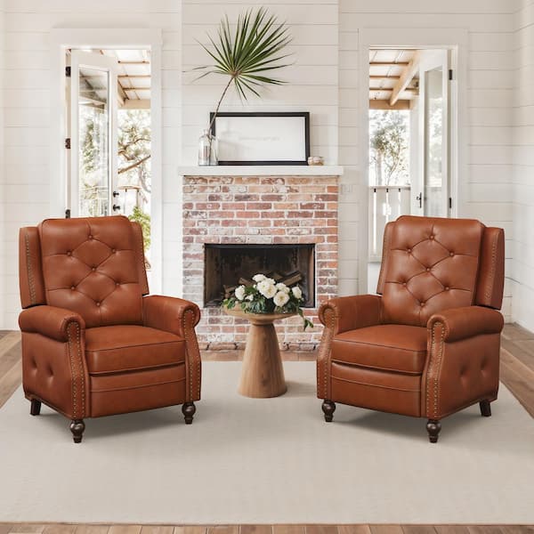 Alano Camel Top Genuine Leather Recliner Chair with Push Back Recliner with Nail Head Trim Set of 2