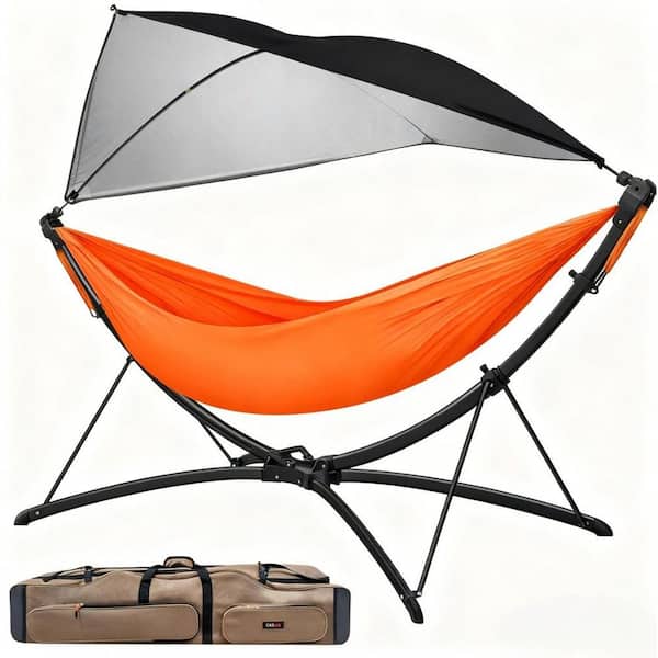 9.19 ft. Portable Outdoor Orange Hammock with Quick-Fold Stand, Adjustable Sunshade, Storage Bag