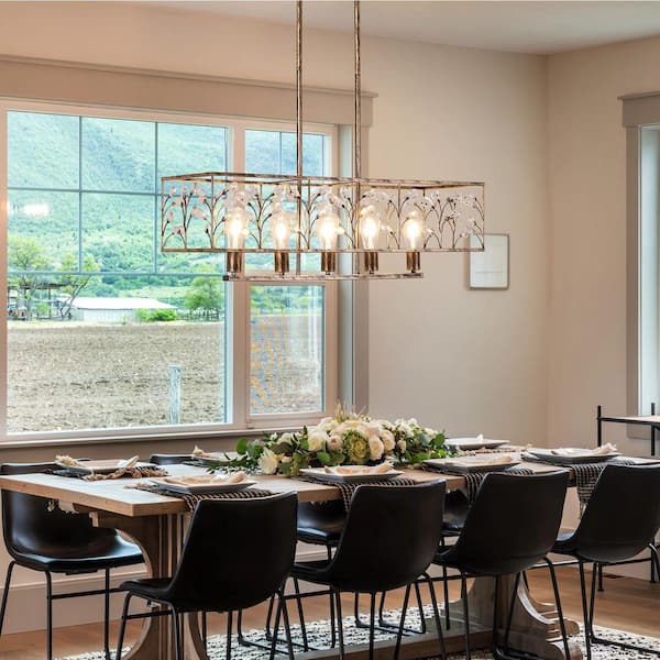 5-Light Rustic Antique Brushed Bronze Rectangular Crystal Accents Kitchen Island Chandelier