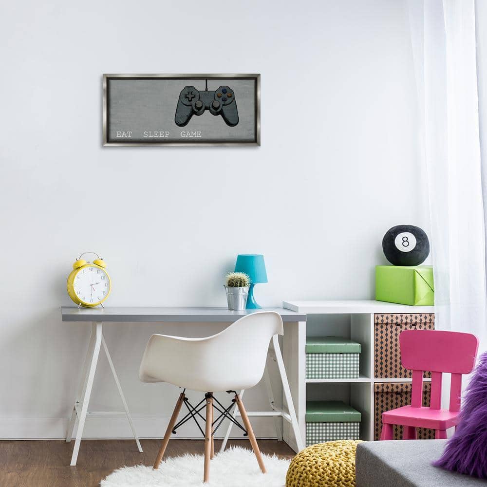 Eat Sleep Game Hobby by Kim Allen Gray Floater Frame Typography Graphic Art Print 11 in. x 25 in.