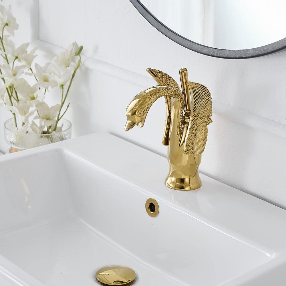 Gold Polished Brass Swan Single Handle Bathroom Faucet