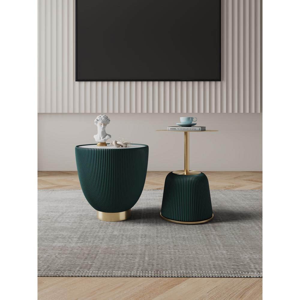 Green Ridged Metal and Stone Accent Table Set