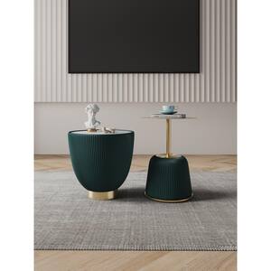 Anderson 18.43 in. Green Round Upholstered Faux Marble End Table with 15.75 in. Round Steel End Table
