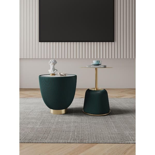 Manhattan Comfort Anderson 18.43 in. Green Round Faux Leather Upholstered Faux Marble End Table with 15.75 in. Steel End Table