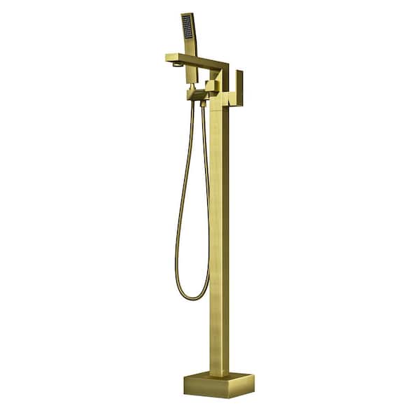 Aosspy Modern Single-Handle Freestanding Tub Faucet with Hand Shower in Brushed Gold