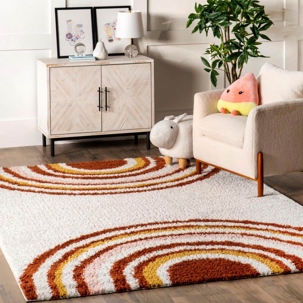 Dotty Half Sunset Shag Area Rug, 6' 7" x 9', Orange and White