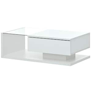 White Modernist 2-Tier Rectangle Coffee Table with Tempered Glass, High-gloss UV Surface for Living Room