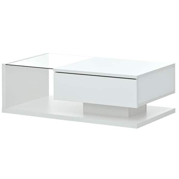 Zeus & Ruta White Modernist 2-Tier Rectangle Coffee Table with Tempered Glass, High-gloss UV Surface for Living Room
