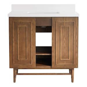 36 in. Freestanding Bathroom Vanity Brown Solid Wood Storage Cabinet Combo Set with Marble Top
