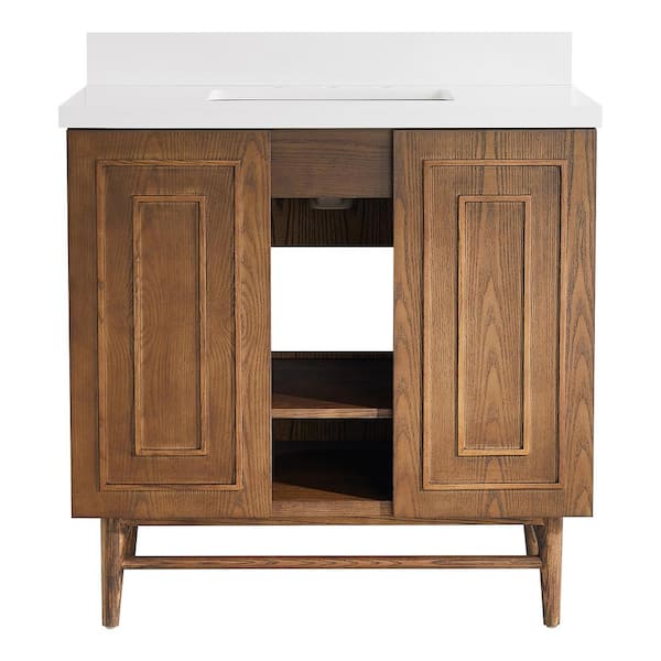 Unbranded 36 in. Freestanding Bathroom Vanity Brown Solid Wood Storage Cabinet Combo Set with Marble Top