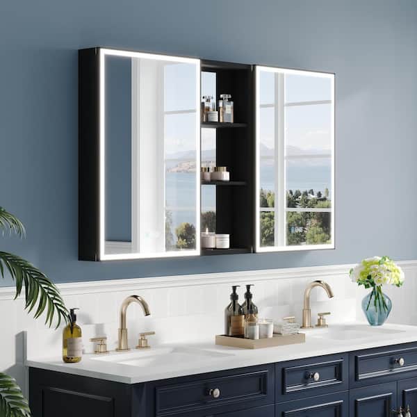 ANGELES HOME 52 in. W. x 30 in. H Rectangular Black Aluminum Recessed/Surface Mount LED Medicine Cabinet with Mirror, Double Doors