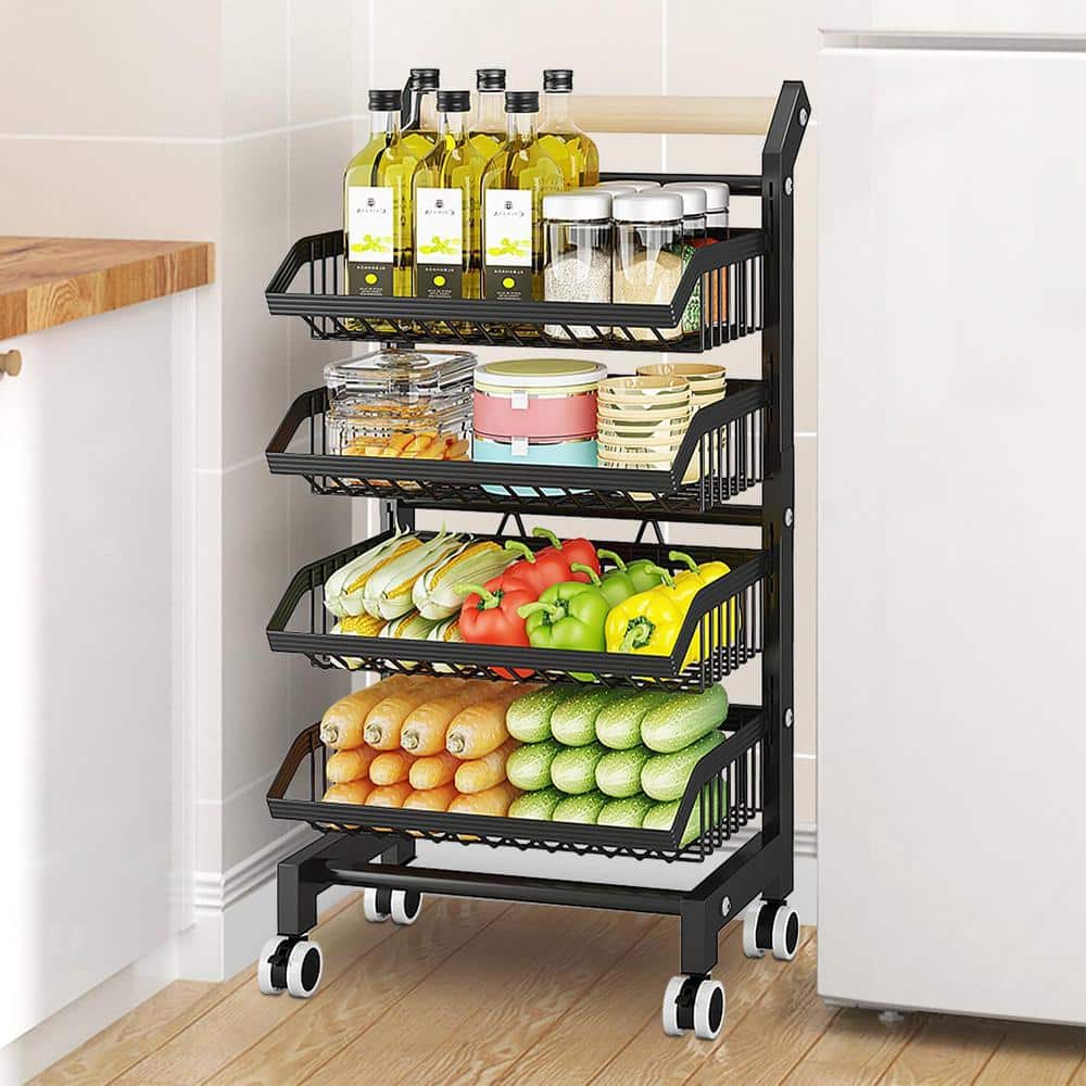4-Shelf Black Snack Kitchen Cart with Wheels, Rolling Storage and Basket Ra