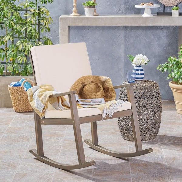 Sharon Patio Grey Solid Wood Outdoor Rocking Chair with Cream Cushions, Cross Back