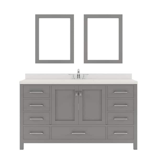 Virtu USA Caroline Avenue 60 in. W Bath Vanity in Gray with Quartz Vanity Top in White with White Basin and Mirror