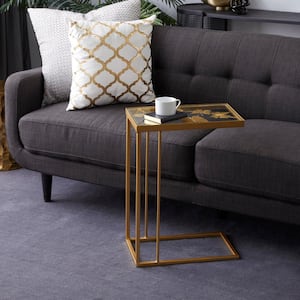 11 in. Gold Large Rectangle Glass End Accent Table with Clear Glass Top