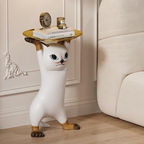 Cat Deco Resin Figurine Side Table with Tray Top in White
