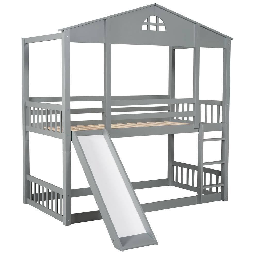 Angel Sar Gray Wood Twin over Twin House Bunk Bed with Convertible ...