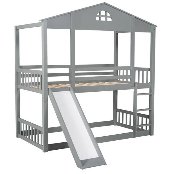Angel Sar Gray Wood Twin over Twin House Bunk Bed with Convertible ...