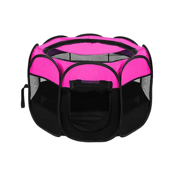 Small Pink Portable Foldable Pet Playpen Tent Crate with Zipper Top Steel, for Indoor Outdoor Fence Panel, Spaced Picket